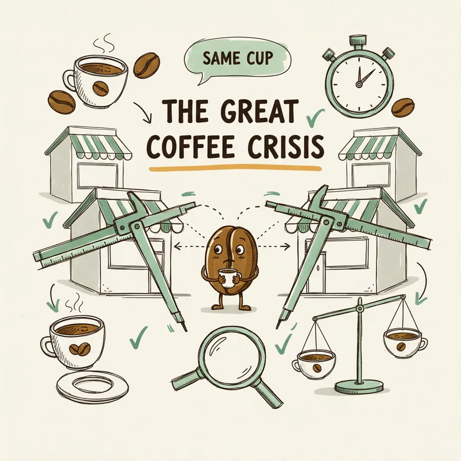 Hand-drawn infographic headlined THE GREAT COFFEE CRISIS, with two sketched shopfronts, calipers, a stopwatch and a coffee bean character.