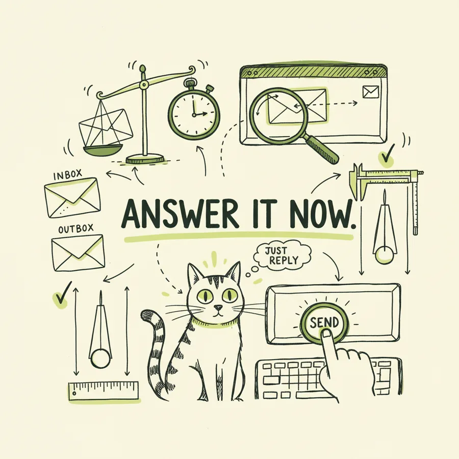 Hand-drawn infographic headlined ANSWER IT NOW, with a cat, envelopes, a stopwatch and a magnifier.
