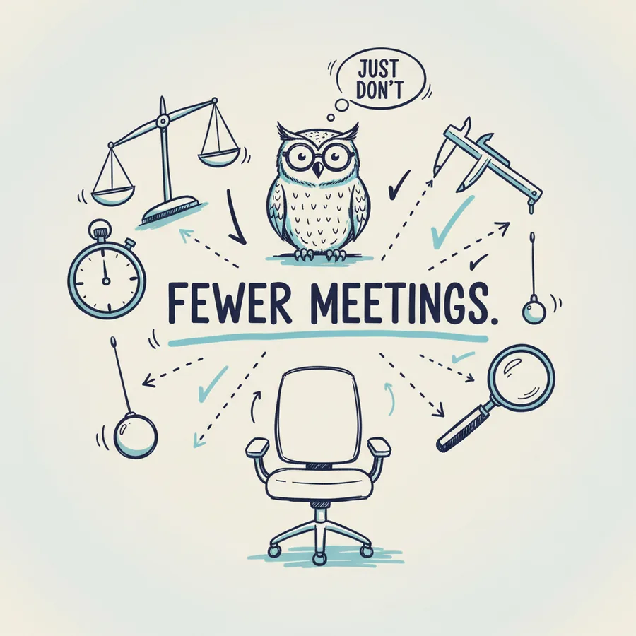 Hand-drawn infographic headlined FEWER MEETINGS, with an owl in glasses, a balance scale and an empty office chair.