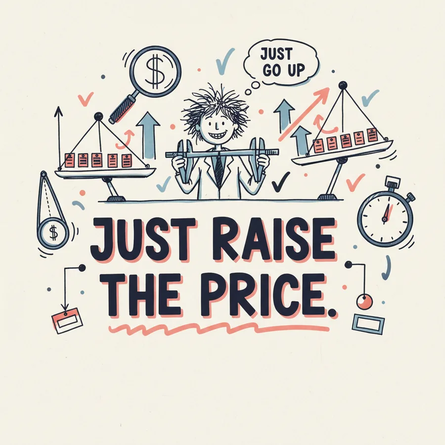 Hand-drawn infographic headlined JUST RAISE THE PRICE, with a balance scale weighing coins, a price tag and a scientist holding calipers.