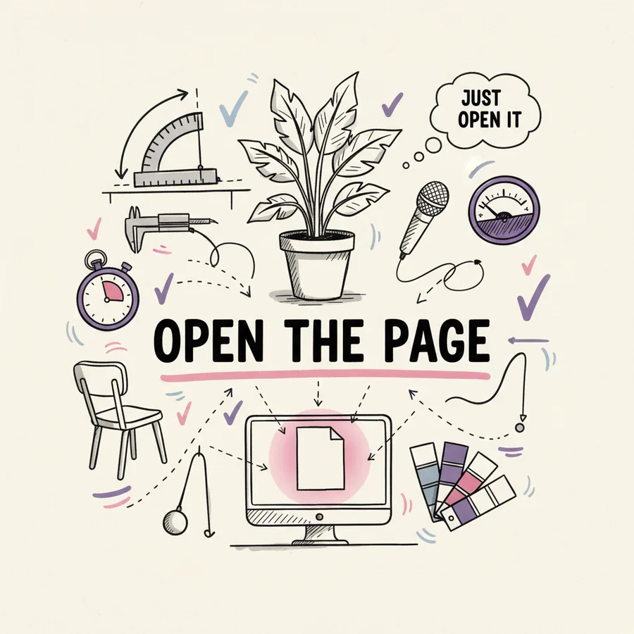 Hand-drawn infographic headlined OPEN THE PAGE, with a houseplant, a protractor, a stopwatch and a blank screen.